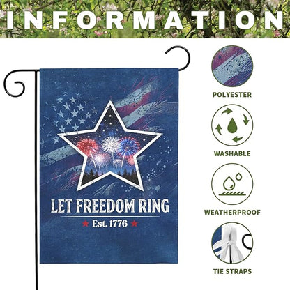Fourth of July Patriotic Garden Flag Let Freedom Ring Yard Flags Independence Day Double Sided American Star Fireworks House Banner for Porch Patio Memorial July 4th Home Decor 12 x18 Inch