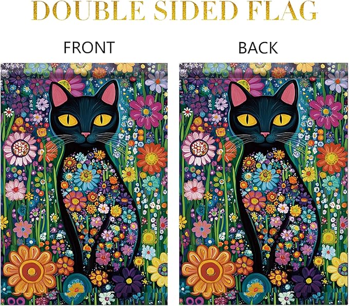 Spring Summer Garden Flag 12x18 Inch Black Cat Colorful Floral Art Design Outdoor Yard Porch Lawn Garden for Seasonal Farmhouse Boho Home Decor