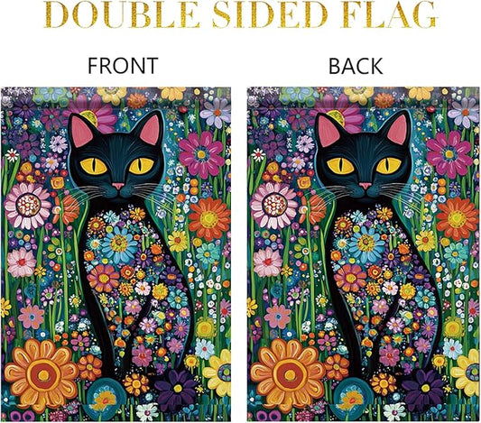 Spring Summer Garden Flag 12x18 Inch Black Cat Colorful Floral Art Design Outdoor Yard Porch Lawn Garden for Seasonal Farmhouse Boho Home Decor