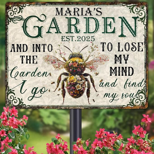 Custom Garden Signs Personalized Metal Tin Sign for Women, Retro Funny Bee Metal Sign for Outdoor, Patio, Yard Rustic Home Decor Gift for Mothers Day, Grandmas, and Gardening Lovers