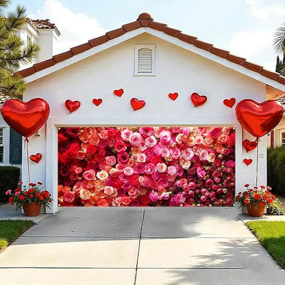 Rose Valentine Garage Door Banner 157.5x70.9in Large Floral Garage Door Cover for Outdoor Love Decorations House Exterior Yard Party Decor with Grommets and Rope