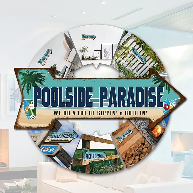Mukuko Poolside Paradise Rustic Looking Arrow Tin Metal Sign Outdoor Pool Hot Tub Tiki Backyard Sign Gift 6" x 18"