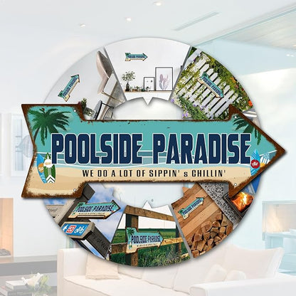 Mukuko Poolside Paradise Rustic Looking Arrow Tin Metal Sign Outdoor Pool Hot Tub Tiki Backyard Sign Gift 6" x 18"