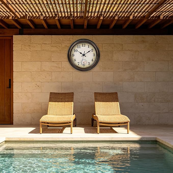 Outdoor Clocks Waterproof with Thermometer Combo Vintage Rustic Wall Clock for Patio Pool Bathroom Kitchen(8 Inch,Bronze)