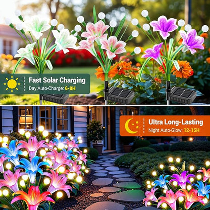 WdtPro Upgraded Solar Lights Outdoor Garden Decor: 4 Pack Solar Firefly Swaying Light with Color Changing LED Lily, Waterproof Decorative Flowers for Yard Patio Pathway Lawn, Gardening Gifts for Women