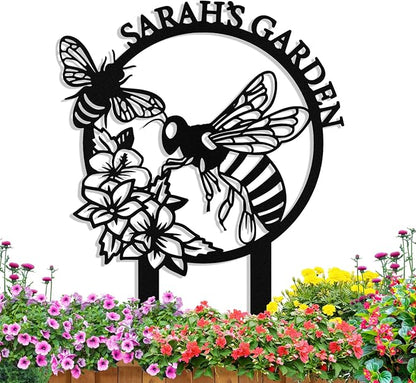 Personalized Metal Bee Garden Signs with Stake, Custom Garden Signs for Outside Waterproof, Customized Name Sign Yard Lawn Gardens Decor Gardening Gifts for Moms Grandmas Gardeners