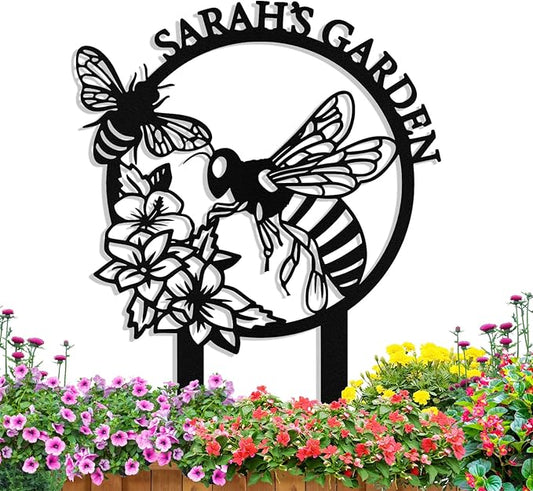 Personalized Metal Bee Garden Signs with Stake, Custom Garden Signs for Outside Waterproof, Customized Name Sign Yard Lawn Gardens Decor Gardening Gifts for Moms Grandmas Gardeners