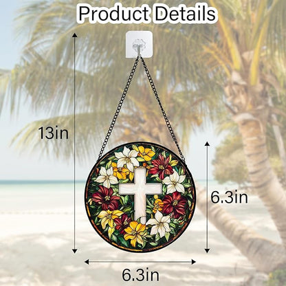 DASTOLL Stained Glass Window Hanging, Cross Flowers Sun Catchers Colorful Glass Panel Christianity Suncatcher Decor for Birthday for Women, Men, Wife, Aunt, and Mom 6.3 in