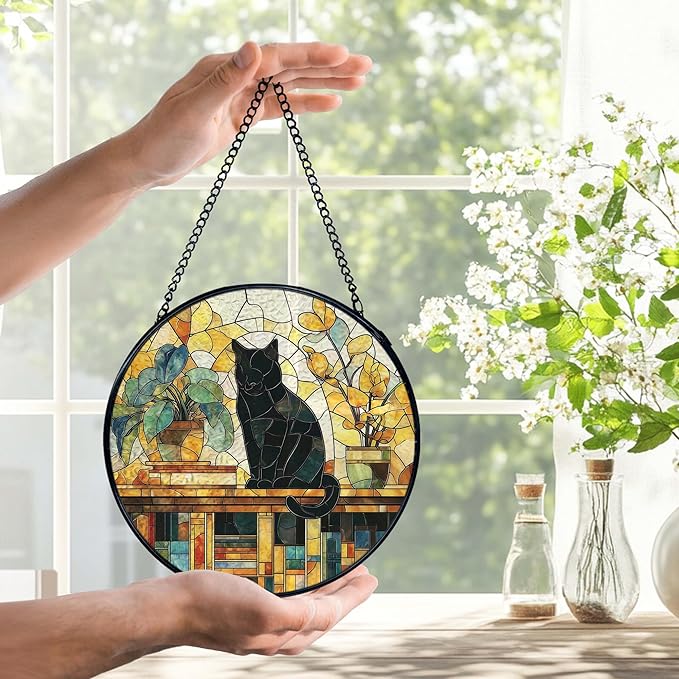 Black Cat Gifts, Cat Suncatchers Stained Glass Window Hanging, Cats Gifts for Women, Book Sun Catchers Indoor Window Glass Round Wall Decor, 7.9x7.9in