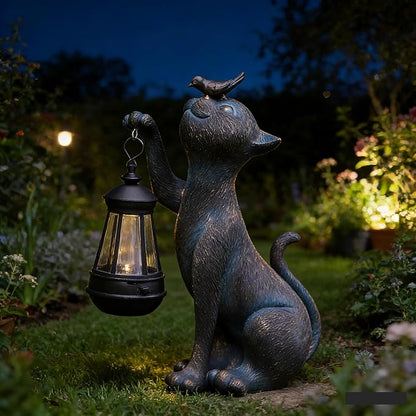 IVCOOLE Outdoor Cat Statues Solar Garden Decor : Cat Figurine with Bird Decor,Unique Garden Art for Porch Patio Balcony Yard Lawn Ornaments - Birthday Housewarming Gifts for Grandma Mom Women