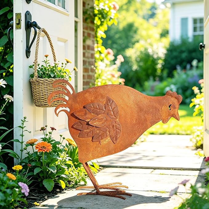 Metal Rooster Garden Decor for Outside, 12.6" Rusty Chicken Outdoor Decor for Patio Lawn Backyard, Decoration Yard Art Animal Ornaments Vintage Rustic Chicken Figurine Sculptures Statues