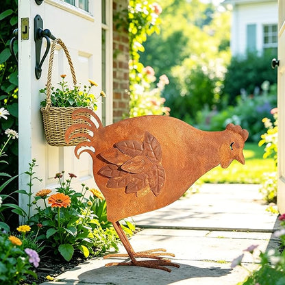 Metal Rooster Garden Decor for Outside, 12.6" Rusty Chicken Outdoor Decor for Patio Lawn Backyard, Decoration Yard Art Animal Ornaments Vintage Rustic Chicken Figurine Sculptures Statues
