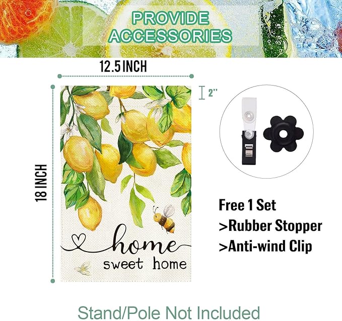 Baccessor Spring Garden Flag Lemon Bee Floral Home Sweet Home Small Yard Flag 12.5 X 18 Inch Double Sided Burlap Summer Welcome Flag for Outside Outdoor Decor