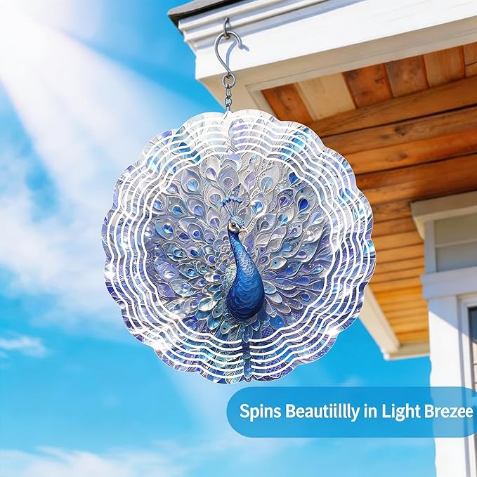 Wind Spinners Blue Peacock Feather Art 9.8 x 9.8 Inch Metal Wind Spinner Outdoor Garden Decor Elegant Bird Illustration Decorative Wind Spinners for Yard Patio