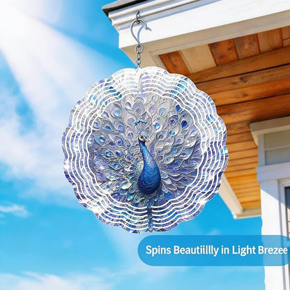 Wind Spinners Blue Peacock Feather Art 9.8 x 9.8 Inch Metal Wind Spinner Outdoor Garden Decor Elegant Bird Illustration Decorative Wind Spinners for Yard Patio