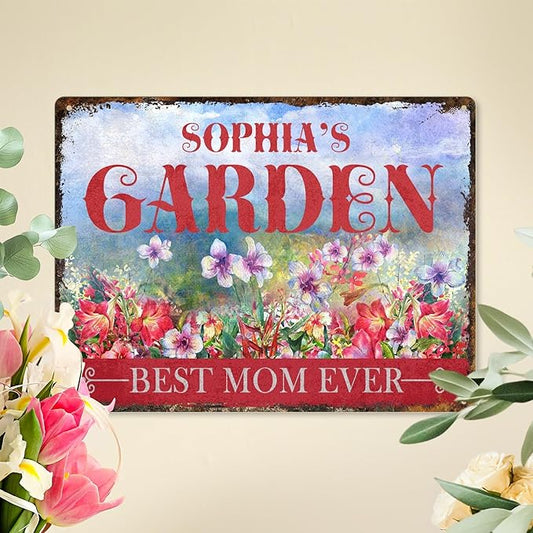 Custom Garden Signs Personalized Metal Tin Sign for Women, Retro Hummingbird Metal Sign for Outdoor, Patio, Yard Home Decor Gift for Mothers Day, Grandmas, and Gardening Lovers (For MOM 01)