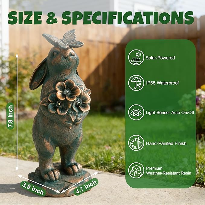 Solar Garden Statues, Resin Bunny Statue w/ Flower, Waterproof Figurine Rabbit Solar Lantern for Outside Yard Outdoor Home Patio Lawn, Solar Animal Lights for Adults Women Birthday Easter Gifts