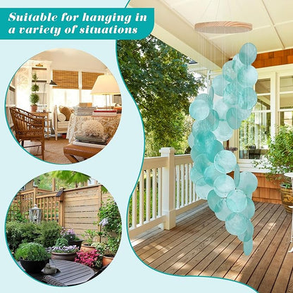 Seashell Wind Chimes for Outside - Handcrafted Turquoise Spiral Shape Capiz Shells Windchime Coastal Style Decor for Indoor/Outdoors, Garden & Beach Hanging Decor for Wind Chimes Lovers and More
