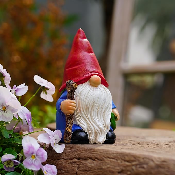 Hand-Painted Traveler Resin Garden Gnome Statue 6.1in - Whimsical Explorer Figurine for Outdoor & Indoor Decor - Weather Resistant Gnome with Staff & Satchel for Patio, Yard, Lawn, Home & Gift