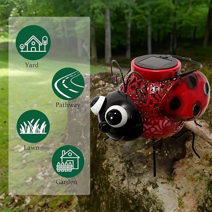 Teaeeno Ladybug Solar Lantern Pattern Light, Hanging Waterproof LED Solar Lights Outdoor Decorative,Sun-Powered Tabletop Lanterns,Metal Solar-Powered Lantern Outdoor