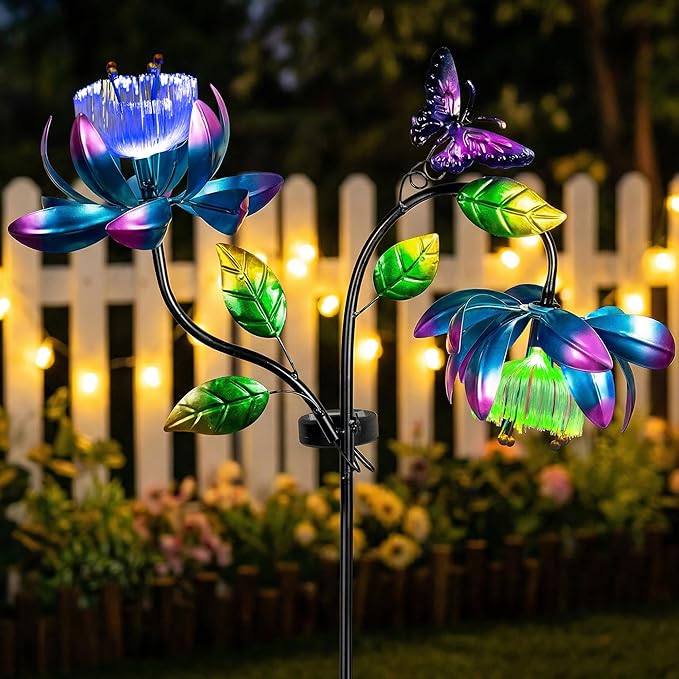 Solar Wind Spinner Outdoor Metal Garden Decor – 2-in-1 Kinetic Double Lotus Flower Stake with Glowing Fiber Optic Lights, Multi-Color Spinning Yard Art Sculpture for Patio, Lawn, and Pathway