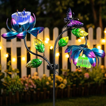 Solar Wind Spinner Outdoor Metal Garden Decor – 2-in-1 Kinetic Double Lotus Flower Stake with Glowing Fiber Optic Lights, Multi-Color Spinning Yard Art Sculpture for Patio, Lawn, and Pathway