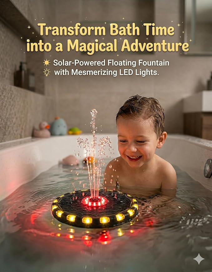 Solar Powered Water Fountain for Kids Bath, Multiple Spray Patterns, Floating Pump, PP, Weather Resistant, for Tub and Garden