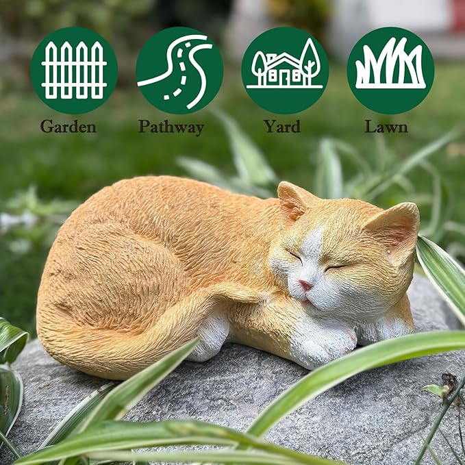 Sleeping Orange Cat Garden Statue – Realistic Resin Outdoor Decor for Patio Lawn Yard – Whimsical Feline Figurine for Home Balcony Porch Ornament – Charming Pet Sculpture Gift for Cat Lovers