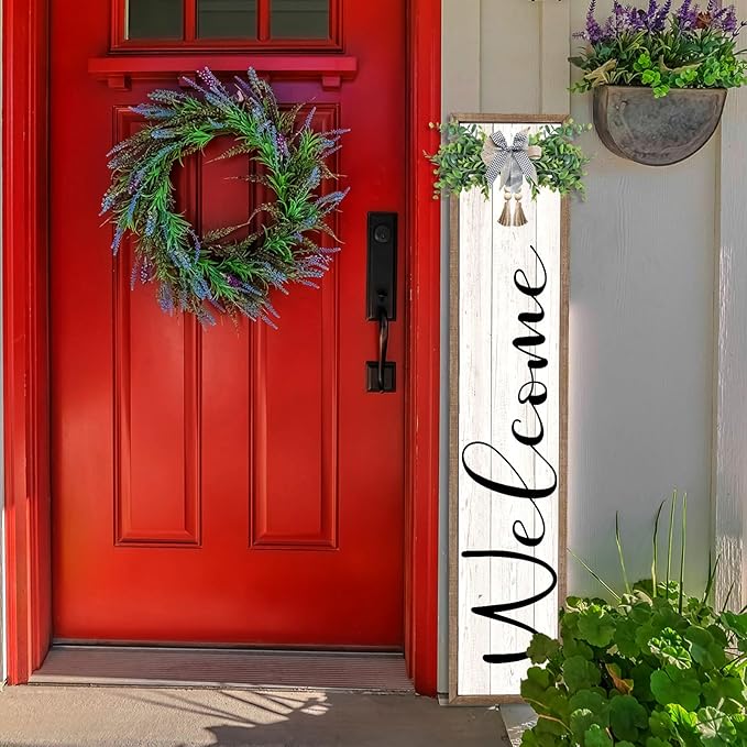 flowtorely Outdoor Welcome Sign for Front Porch Standing 45"×9" Vertical Leaner Wood Frame Tall Outside Rustic Large farmhouse Home Decor Welcome Sign for Front Door Decorations (Wood White)