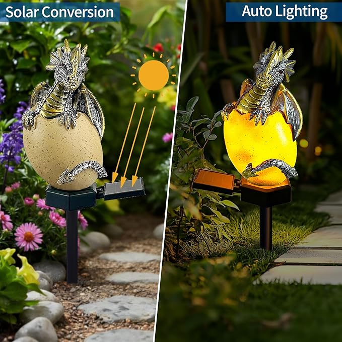 Solar Dragon Garden Decor Dragons Gifts for Women- Dragon Statue Outdoor with Egg Light Lawn Ornaments Solar Egg Lights for Easter Outside Yard Whimsical Art Outdoor Medieval Decor (Yellow)