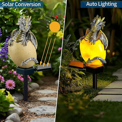 Solar Dragon Garden Decor Dragons Gifts for Women- Dragon Statue Outdoor with Egg Light Lawn Ornaments Solar Egg Lights for Easter Outside Yard Whimsical Art Outdoor Medieval Decor (Yellow)