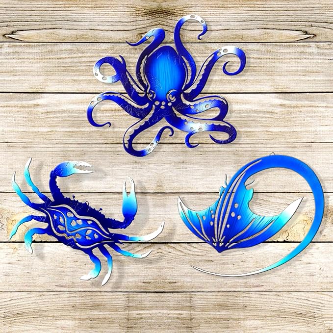 Weibefee Metal Wall Art Decor Octopus Crab Manta Ray Coastal Nautical Ocean Mother's Day Decor Concise 9'' Set of 3 Hanging Mother's Day Decorations Gift for Bathroom Beach Indoor Outdoor Pool Home Bedroom Living Room Blue