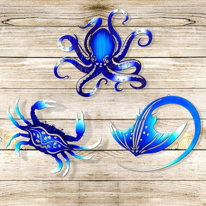 Weibefee Metal Wall Art Decor Octopus Crab Manta Ray Coastal Nautical Ocean Mother's Day Decor Concise 9'' Set of 3 Hanging Mother's Day Decorations Gift for Bathroom Beach Indoor Outdoor Pool Home Bedroom Living Room Blue