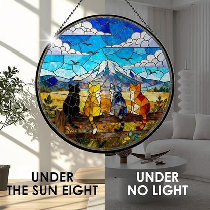 Cats Stained Glass Window Hanging - 4 Cats on a Fence Suncatcher for Window Doors Home Decor - Blue Sky Mountain Sun Catchers - Christmas Mother's Day Birthday Gifts for Mom Women Men, 7.9in