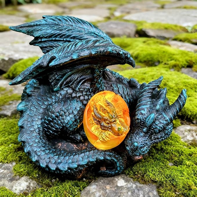 Solar Dragon Garden Decor - Dragon Statue Outdoor with Egg Light - 6.8 inch Porch Decor & Lawn Ornaments, Perfect Patio Decor, Yard Decorations Outdoor