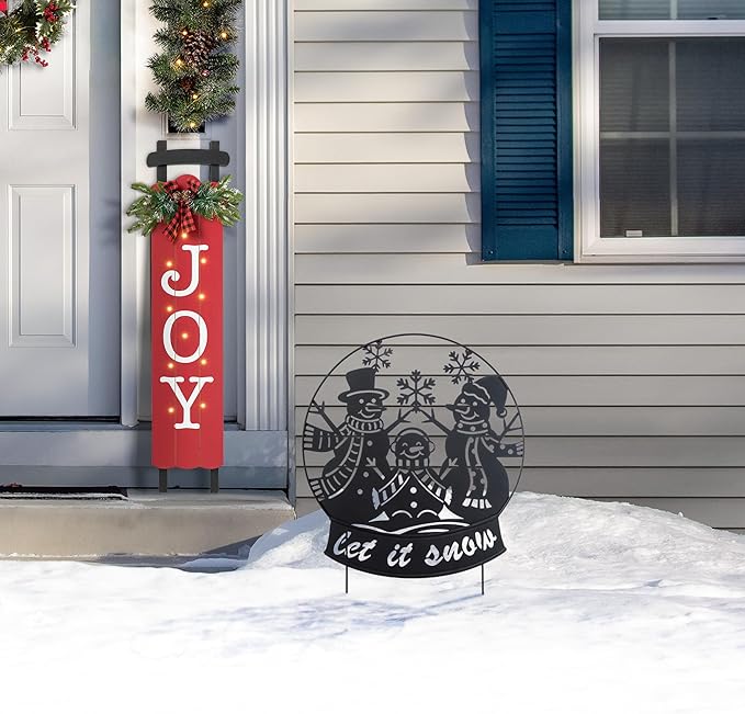Glitzhome Christmas Metal Silhouette Snowman Family Waterglobe Yard Stake, 30 Inch Outdoor & Wall Decor with Lighted Scene, Holiday Lawn Art for Festive Home Decorations
