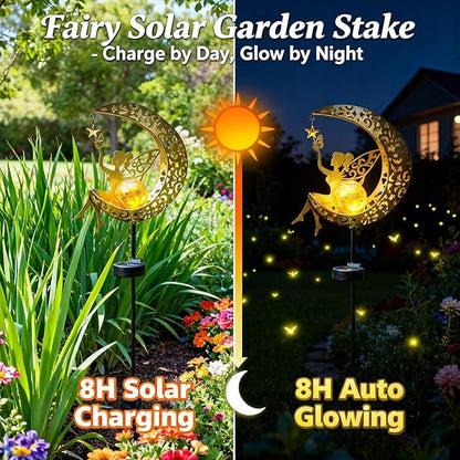 Solar Moon Fairy Garden Stake Light, Outdoor Waterproof Metal Yard Art with Crackle Glass, Decorative Solar Pathway Lights for Patio Lawn, Gift for Housewarming Mother's Day for Mom Women