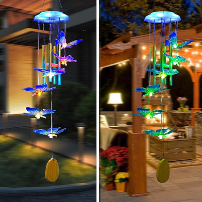 Outdoor Solar Wind Chime Decoration, Mother's Day Birthday Gifts for Grandma, Mom and Family, Outdoor Garden and Courtyard Wind Chime Accessories (Blue Butterfly)