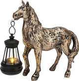 Horse Garden Statue with Lantern 7.5x6.8 inch, Solar Lighted Outdoor Figurine Sculpture for Yard Lawn Patio Farmhouse, Whimsical Home Decor, Gift for Housewarming Birthday Christmas (Bronze Color)