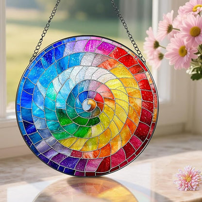 Stained Glass Window Hanging, 8 Inch Rainbow Spiral Stained Glass Suncatcher, Spiral Window Hanging Decor, Geometric Spiral Suncatcher Wall Decor, Gift for Women Men Wife Lovers and Mom