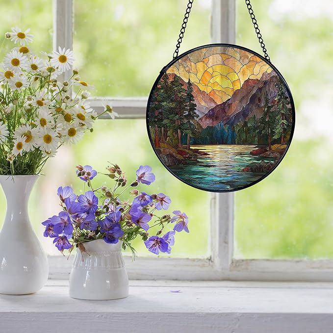 Mountain Sunset Suncatcher Stained Glass Window Hanging, Nature Mountain Landscape Sun Catchers Indoor Window Glass Wall Art Decor, Nature Wall Hanging Decor, 7.9x7.9 Inch 044-MH-BLGH