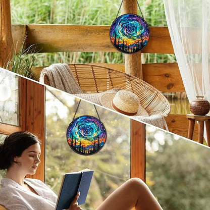 Northern Lights Suncatcher Stained Glass Window Hanging Decor Ornaments, Nature Mountain Stained Glass Decor, Landscape Garden Lawn Sun Catchers Hanging Wall Art, Nature Lover Gifts,7.9x7.9In