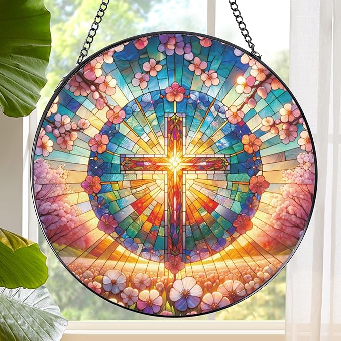 Rngmsi Cross Stained Glass Window Hanging, 7.8″ Sun Catchers with Hook Indoor Window Decor, Decorative Suncatchers Home Garden Art Gift for Thanksgiving Christmas Housewarming