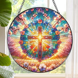 Rngmsi Cross Stained Glass Window Hanging, 7.8″ Sun Catchers with Hook Indoor Window Decor, Decorative Suncatchers Home Garden Art Gift for Thanksgiving Christmas Housewarming