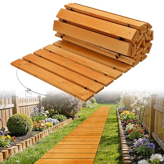 12ft Wooden Garden Pathway - Weather Resistant Carbonized Pine Roll Out Decorative Walkway, Boardwalk Pathway Pavers for Outside Stepping Stones Outdoor Flooring Patio Pool Backyard (Orange)