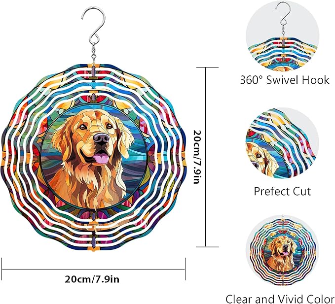 Golden Retriever Wind Spinner Pet Dog Memorial Gifts, Vibrant 3D Kinetic Aluminum Metal Hanging Outdoor Garden Decor, Loss of Dogs Sympathy Gifts, 8" Wind Sculptures for Patio, Porch Yard Art (GR6)