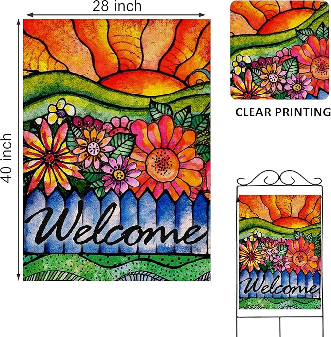 Home Decorative Welcome Spring Summer House Flag, Sunshine Watercolor Flowers Garden Yard Abstract Floral Outside Decorations, Sunrise Fall Farmhouse Outdoor Large Decor Double Sided 28 x 40