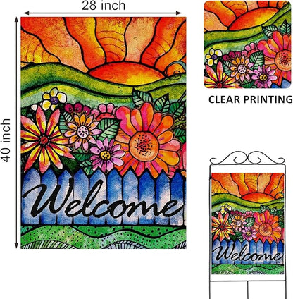 Home Decorative Welcome Spring Summer House Flag, Sunshine Watercolor Flowers Garden Yard Abstract Floral Outside Decorations, Sunrise Fall Farmhouse Outdoor Large Decor Double Sided 28 x 40