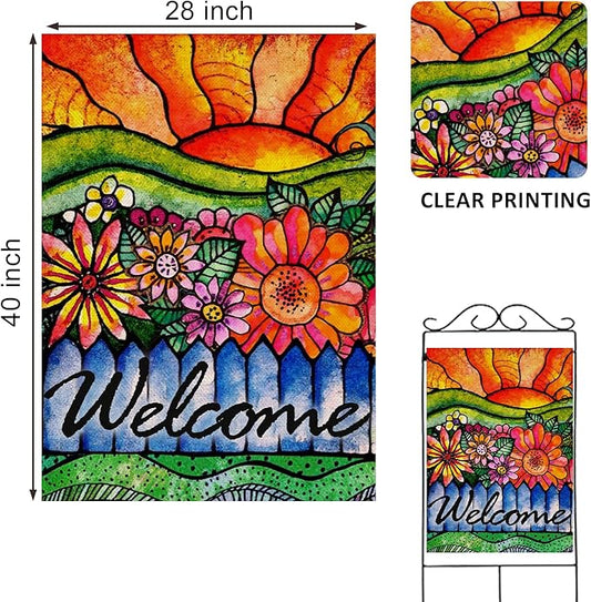 Home Decorative Welcome Spring Summer House Flag, Sunshine Watercolor Flowers Garden Yard Abstract Floral Outside Decorations, Sunrise Fall Farmhouse Outdoor Large Decor Double Sided 28 x 40