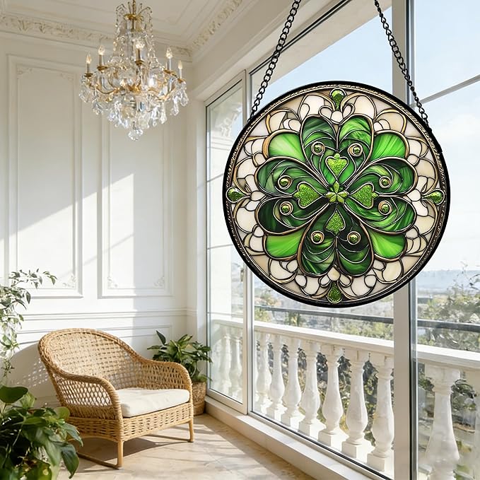 DASTOLL Stained Glass Window Hanging St. Ripak Festival Green Lucky Clover 7.8" - Suncatcher Door Garden Sun Catcher Ireland Decor Mother's Day for Mom Woman Her Men Sisters